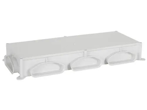 Flacher Verteilerkasten in Grau von Fränkische mit mehreren Anschlüssen und einem kompakten Design, geeignet für lufttechnische Anwendungen.